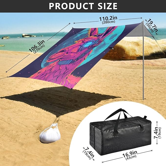 ALAZA Llama Alpaca Moon Cyberpunk Beach Tent Sun Shelter UPF50+ Protection Beach Shade Canopy w/ 4 Sandbags for Outdoor Camping Fishing Backyard Fun Picnic 10x9 ft