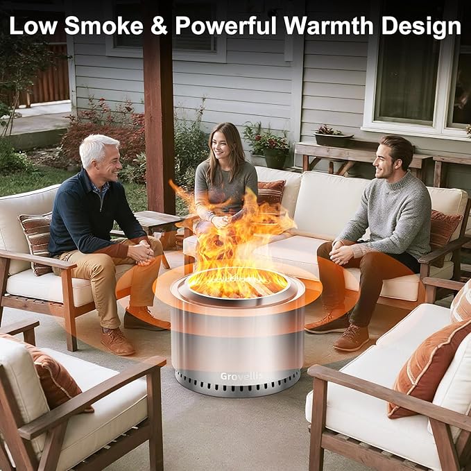 27 inch Smokeless Fire Pit with Waterproof Cover Stainless Steel Outdoor Smokeless Firepit Wood Burning Fire Pits for Camping BonfireLow Smoke Firepit for Outside