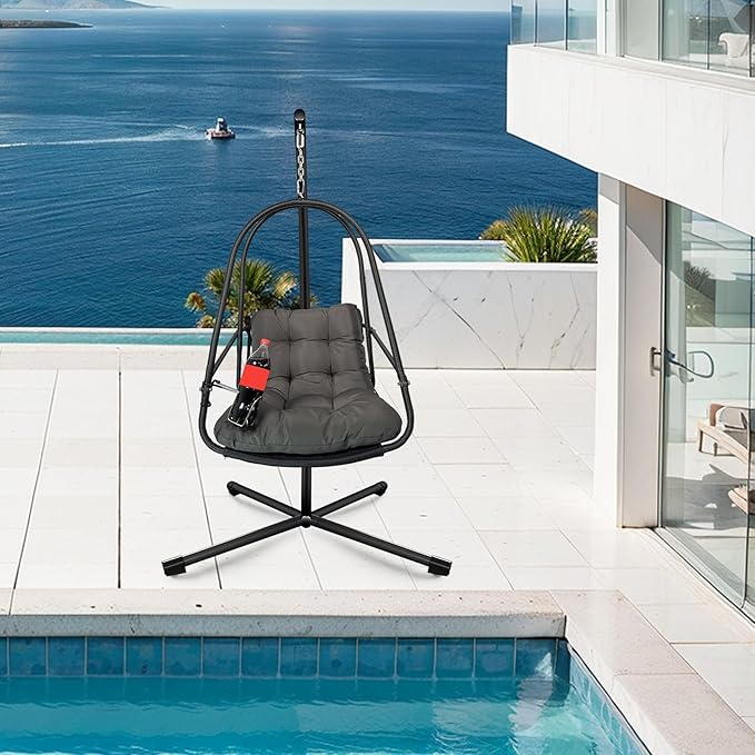 Rattan Egg Hanging Chair with Stand for Indoor and Outdoor Relaxation Featuring Removable Safety Rail Convenient Cup Holder and Comfortable Cushion Set for Lounging in Garden Patio Living Space
