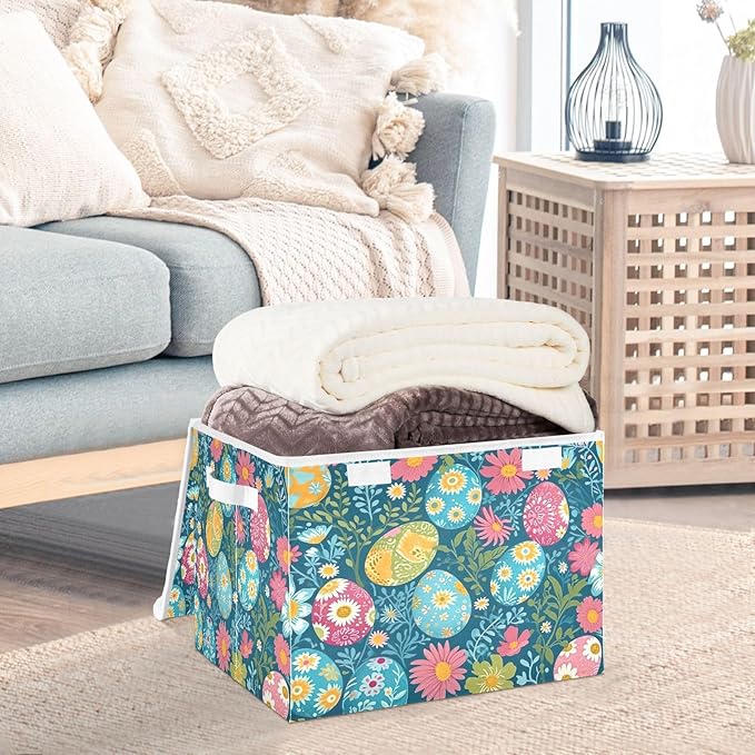 Storage Baskets with Lids Colorful Eggs Collapsible Bins Stackable Fabric Linen Baskets Closet Organizer Container 16.5x12.6x11.8