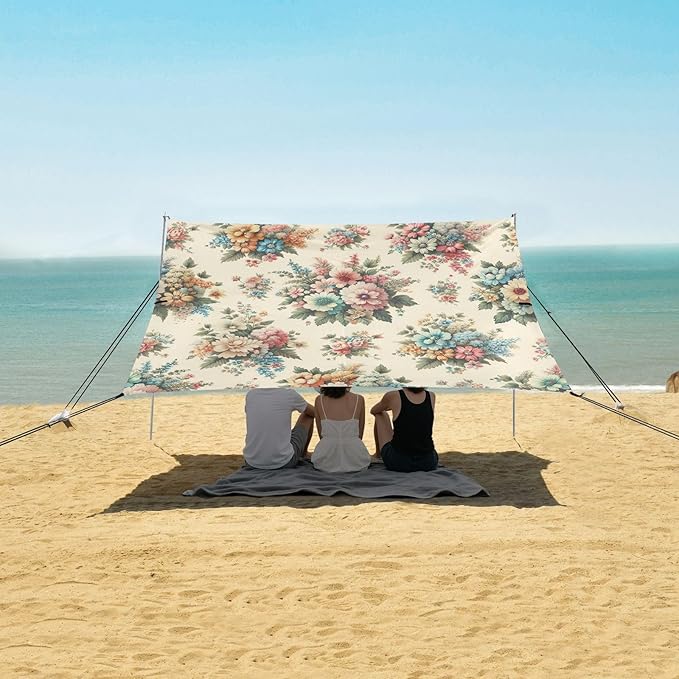 Bright Flowers Beach Tent Sun Shelter Set UPF50+ UV Protection 10.5 x 9.19 FT Camping Shade Canopy with Sandbags Sand Anchors Carrying Bag and Others