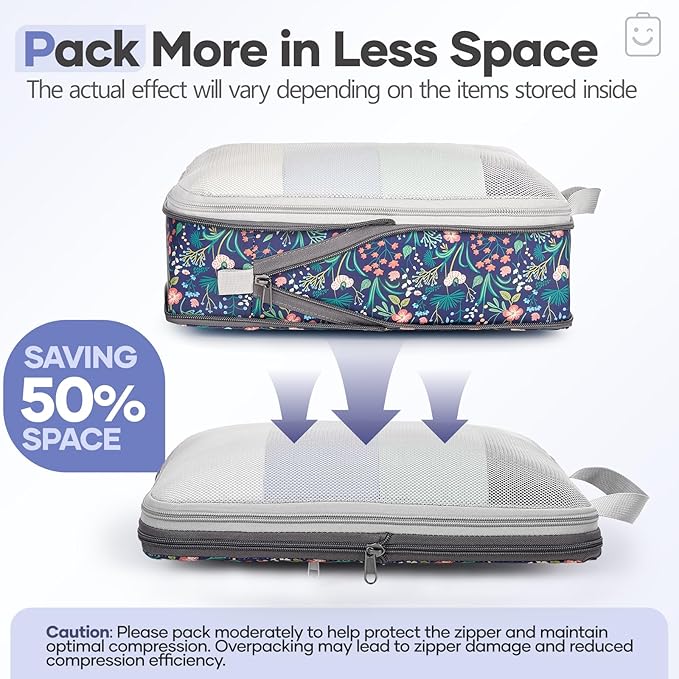 Veken 11 Set Compression Packing Cubes for Travel EssentialsCompressible Expandable Large Luggage Suitcase Organizer Bags for ClothingDurable Space Saver Storage Bags(Dark Blue Floral)