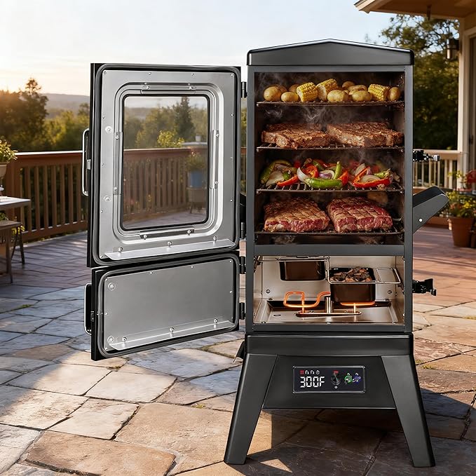 Vertical Electric Smoker with Cover &amp Meat Probe BBQ Smokers with 4 Cooking Grates 633 Sq.in Cooking Space LED Temperature Control for Outdoor CookingSmoke RibsBrisketChicken