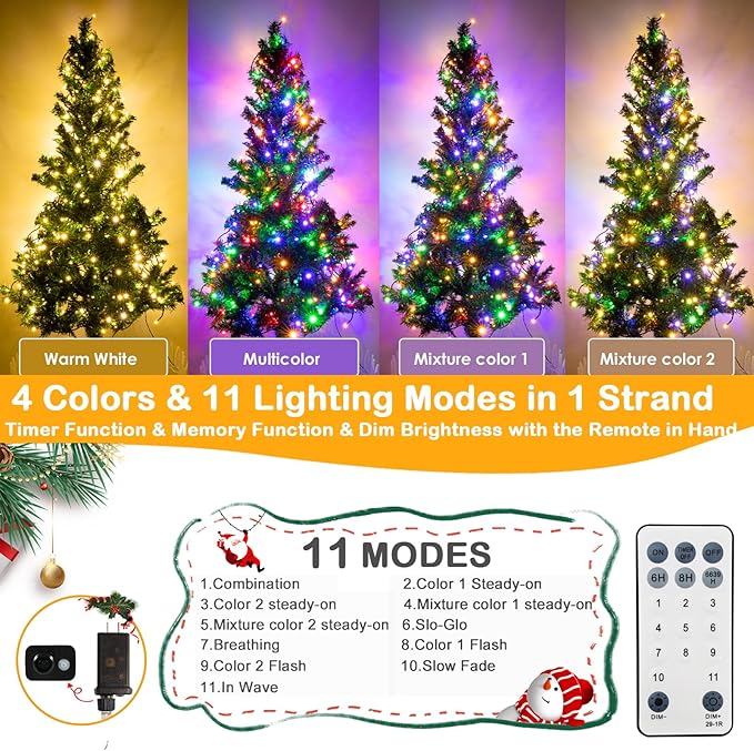 300 LED Christmas String Lights Outdoor Indoor Color Changing with Remote/Timer 108FT 11 Modes Waterproof Warm White and Multi Color Christmas Lights Plug in for Tree Garden Decoration