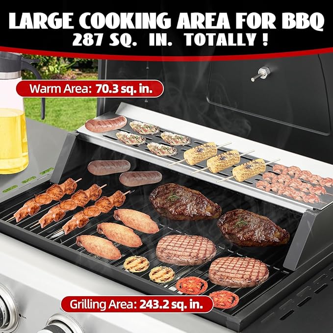 3 Burner Small Propane Gas Grill with Porcelain-Enameled Grates &amp Thermometer Stainless Steel BBQ Grill 25650 BTU with Folding Side Tables for Outdoor Cooking Kitchen Garden Patio