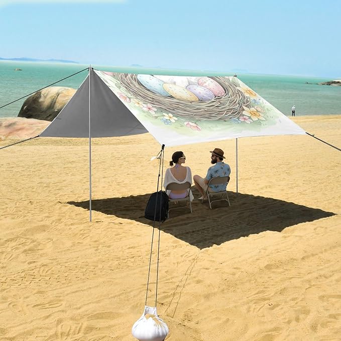 Beach Canopy with Windproof Ropes &amp Sandbags Beach Tent Sun Shade Sun Shelter for Camping Trips Fishing Backyard Fun or Picnics Easter Bunny
