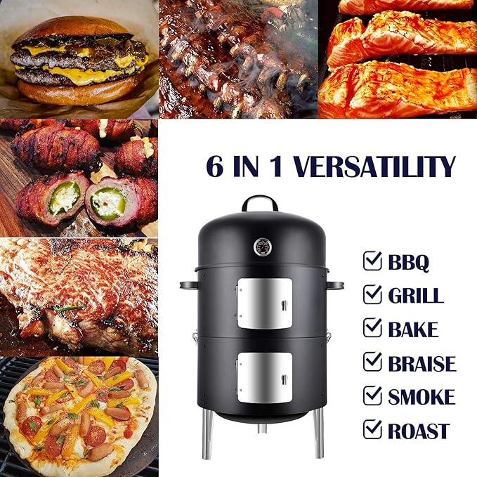 Realcook Vertical 17 Inch Steel Charcoal Smoker Heavy Duty Round BBQ Grill for Outdoor Cooking Black