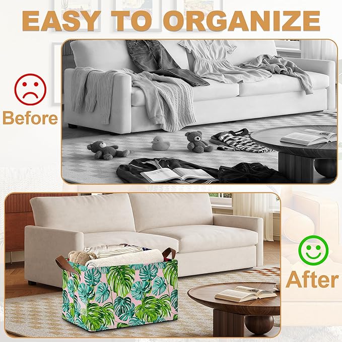Storage Bin with Handles Palm leaves Collapsible Laundry Baskets for Books Laundry - Use in Nursery Closet Organizers and Storage Blanket Basket