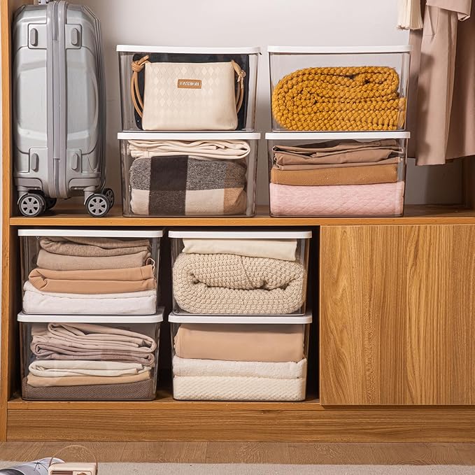 4-Piece SetPlastic Storage Bin with LidLarge Storage ContainersStackable Lidded Storage Boxes for Cabinets Clothes Toys Books (clear 4XL(with wihte lid))