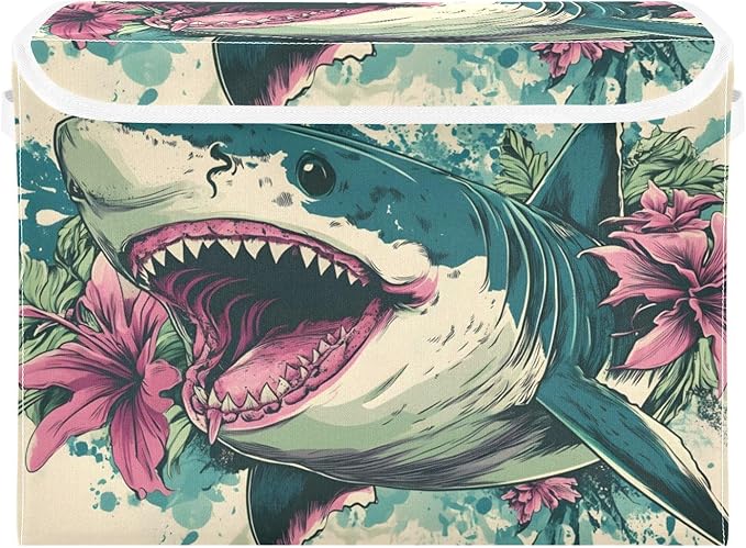 Storage Cube with Lid Floral Fish Print 16.5×12.6×11.8 IN Collapsible Large Capacity Foldable Storage Basket Bin Organizer