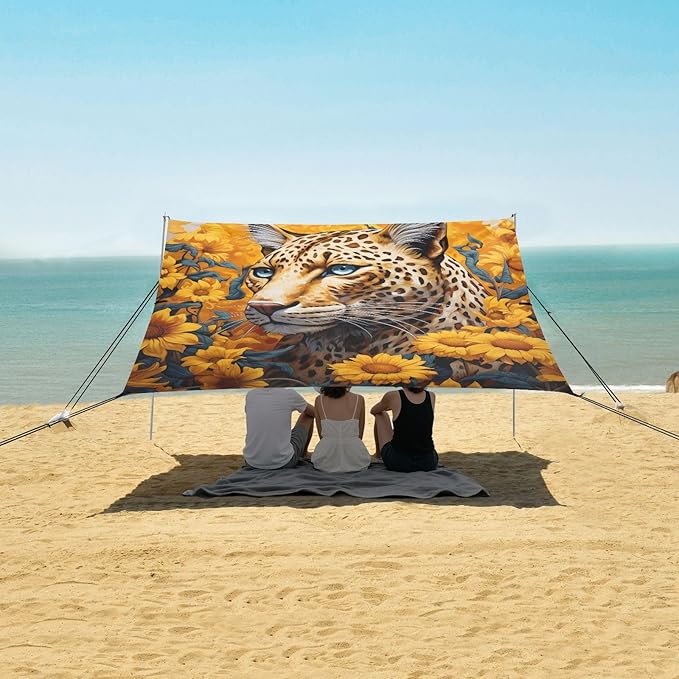 ALAZA Leopard Sunflowers Beach Tent Sun Shelter Portable Canopy Sunshade for Outdoor Camping Picnics Backyard Fun 10x9 ft