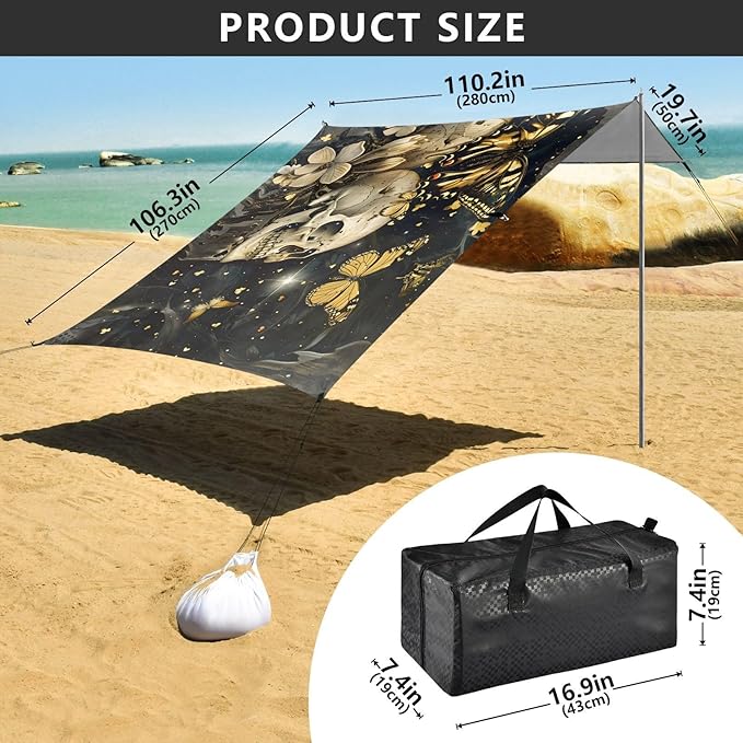 ALAZA Butterflies Skull Vintage Beach Tent Sun Shelter UPF50+ Protection Beach Shade Canopy w/ 4 Sandbags for Outdoor Camping Fishing Backyard Fun Picnic 10x9 ft