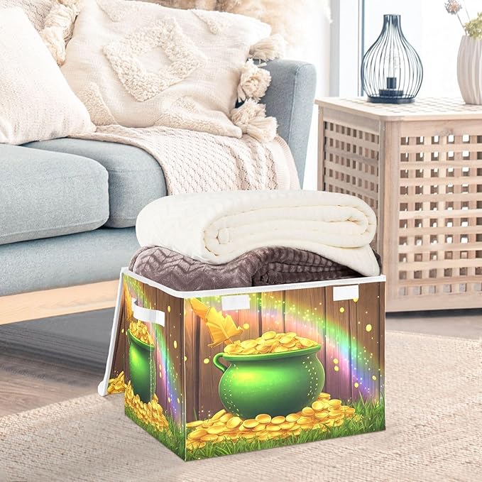 Christmas Storage Baskets with Lids St. Patrick's Day Coin Clover Collapsible Bins Stackable Fabric Linen Baskets Closet Organizer Container 16.5x12.6x11.8
