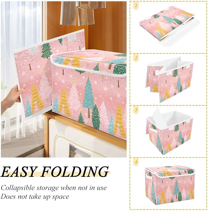 Pink Christmas Trees Storage Box with Lid 1 PC Foldable Storage Bin with Lids Stackable Storage Bins Cube Closet Organizer Basket with Flip-Top Lid &amp Handles for Shoes Books Towels