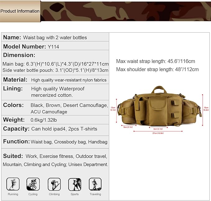 Huntvp Tactical Waist Pack Bag with Water Bottle Pocket Holder Military Fanny Packs Waterproof Hip Belt Bag Pouch for Hunting Camping Trekking (Brown)