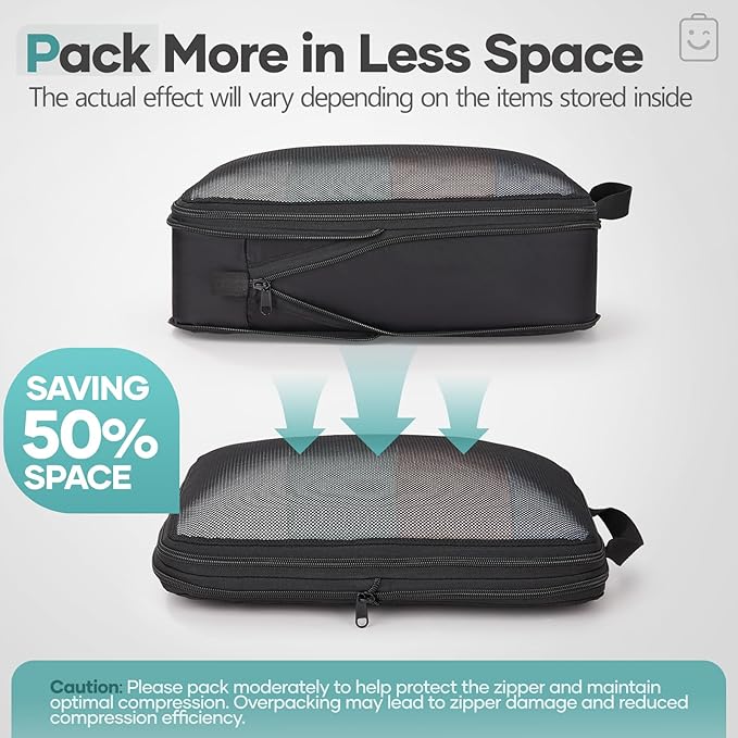 Veken 9/11 Set Compression Packing Cubes for Travel EssentialsCompressible Expandable Large Luggage Suitcase Organizer Bags for ClothingDurable Space Saver Storage Bags with Toiletry Bags(Black)