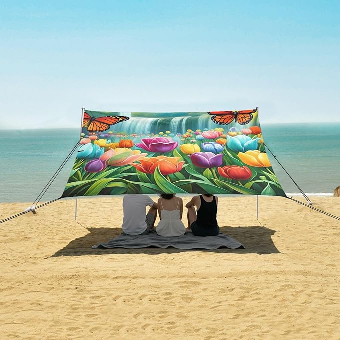 Beach Canopy with Windproof Ropes &amp Sandbags Beach Tent Sun Shade Sun Shelter for Camping Trips Fishing Backyard Fun or Picnics Flowers