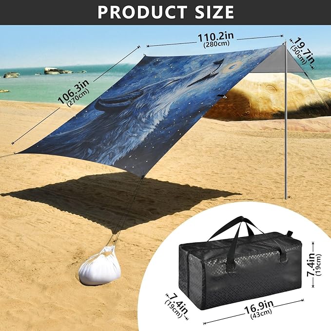 ALAZA Starry Wolf Moon Beach Tent Sun Shelter Portable Canopy Sunshade for Outdoor Camping Picnics Backyard Fun 10x9 ft