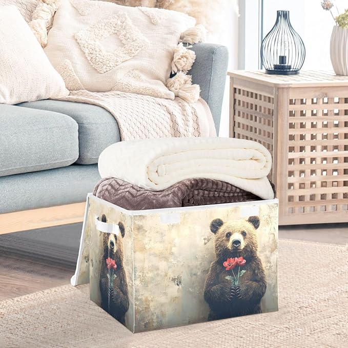 AIXIWAWA Lidded Storage Cube (Bear Valentine) Fabric Foldable Closet Bins with Flip Lid and Handles Organizer Basket Container 16.5 x 12.6 x 11.8 IN