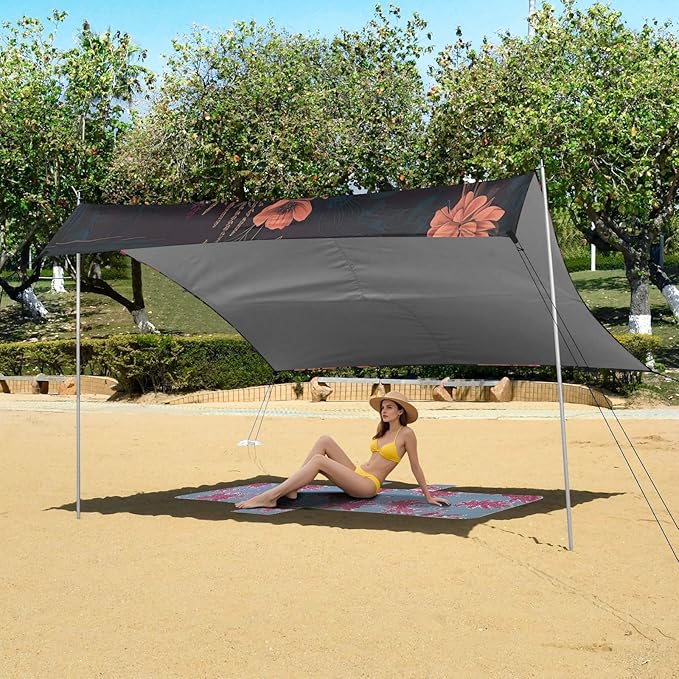 Night Horse Cross Flowers Field Beach Tent Sun Shelter Set UPF50+ UV Protection 10.5 x 9.19 FT Camping Shade Canopy with Sandbags Sand Anchors Carrying Bag and Others