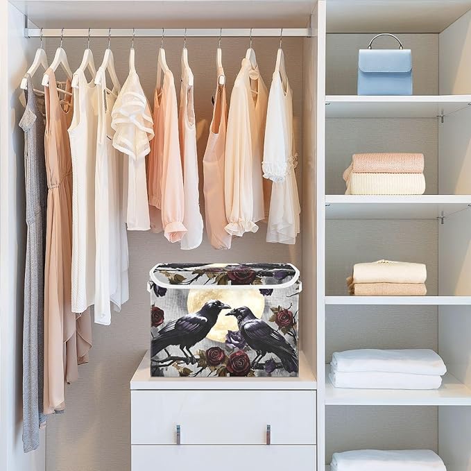 Crows Branch Rose Large Storage Bins with Linen Foldable Storage Cubes Fabric Closet Organizer Containers box with Flip-Top Lid for Home Office 16.5 x 12.6 x 11.8 IN