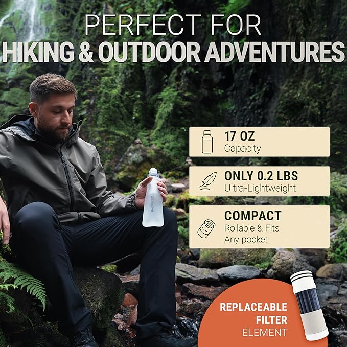 Water Filter Camping – Bachgold Squeeze Foldable Squeeze Bottle | Ultralight Backpacking Filtration for Hiking Survival &amp Emergency | Dual-Stage Filtration Swiss Design