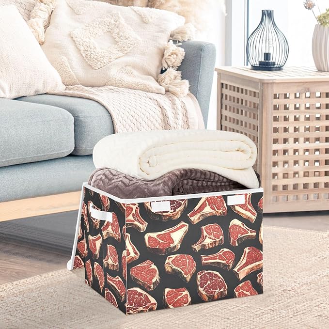AIXIWAWA Lidded Storage Cube (Meat Pattern) Fabric Foldable Closet Bins with Flip Lid and Handles Organizer Basket Container 16.5 x 12.6 x 11.8 IN