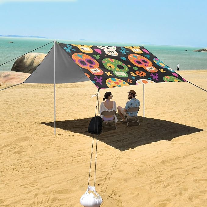 ALAZA Skull Black Background Pattern Beach Tent Sun Shelter Portable Canopy Sunshade for Outdoor Camping Picnics Backyard Fun 10x9 ft