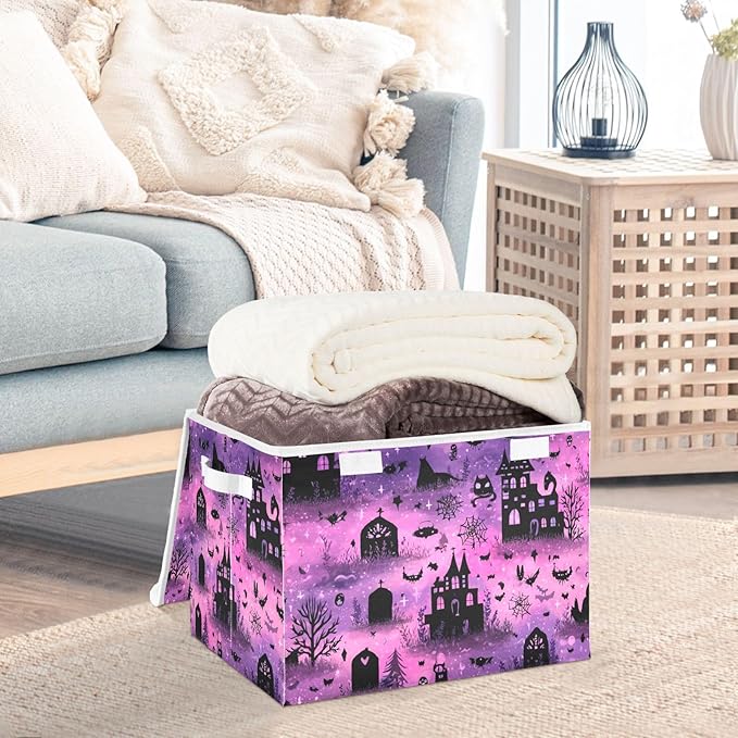 Pink Halloween Castles Cat Tombstones Storage Box with Lid 1 PC Foldable Storage Bin with Lids Stackable Storage Bins Cube Closet Organizer Basket with Flip-Top Lid &amp Handles for Shoes Books
