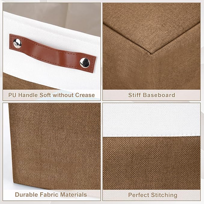 Collapsible Fabric Storage Cubes 11x11 Cube Storage Bins 4 Pack Closet Baskets Box with Handles for Organizing Shelf Toys Clothes Home Office Nursery (Brown&ampWhite)