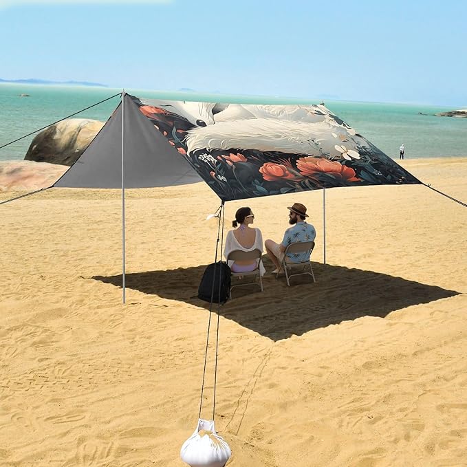 ALAZA White Fox Sleeping with Flower Beach Tent Sun Shelter Portable Canopy Sunshade for Outdoor Camping Picnics Backyard Fun 10x9 ft