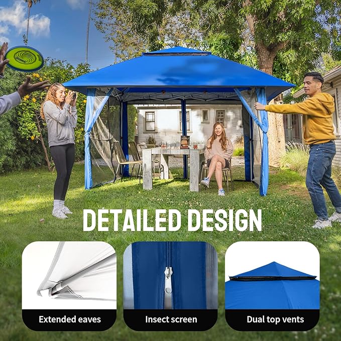 CROWN SHADES 13x13 Pop Up Gazebo Canopy Tent Gazebos on Clearance - Outdoor Gazebo for Backyard &amp Patio Furniture - Carpa Pop Up Tent with Wheeled STO-N-Go Cover Bag (Blue)