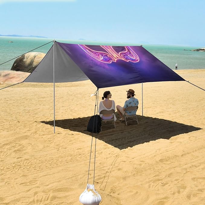 Carnival Masquerade Mask Pattern Beach Tent Sun Shelter Set UPF50+ UV Protection 10.5 x 9.19 FT Camping Shade Canopy with Sandbags Sand Anchors Carrying Bag and Others