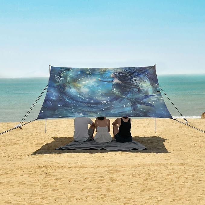ALAZA Mermaid Nebula Beach Tent Sun Shelter UPF50+ Protection Beach Shade Canopy w/ 4 Sandbags for Outdoor Camping Fishing Backyard Fun Picnic 10x9 ft