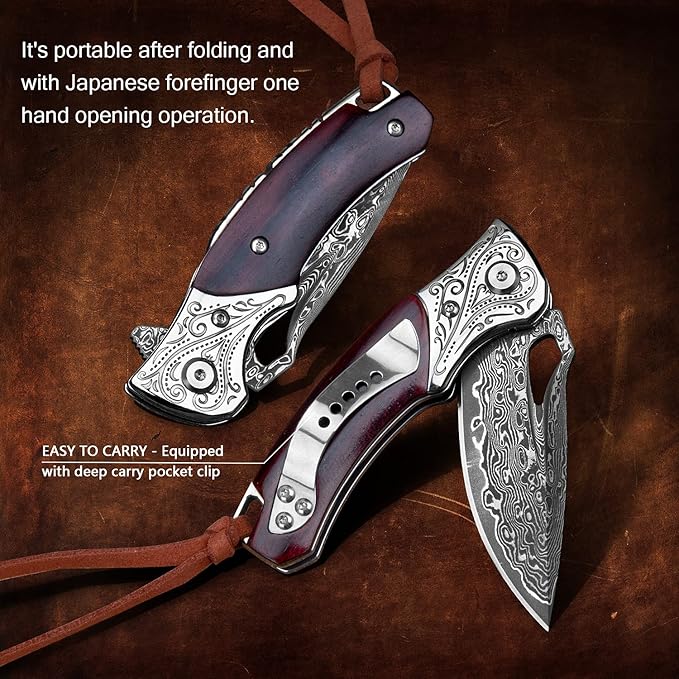 Handmade Damascus Steel Flipper Folding Knife with Pocket Clip Liner Lock Tactical Knife for Camping Hunting Fishing and EDC