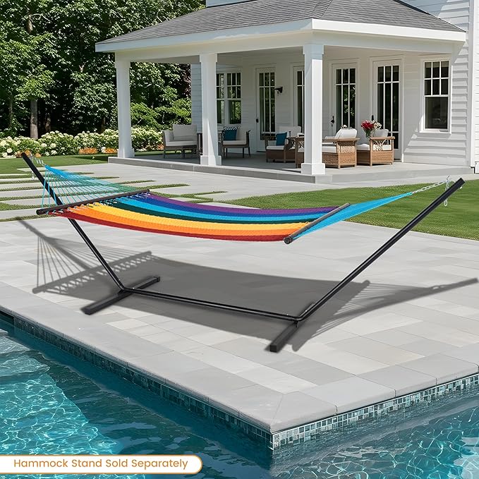 Lazy Daze Hammocks 10.5 FT Double 2 Person Caribbean Rope Hammock Hand Woven Polyester Hammock with Spreader Bars for Outside Outdoor Backyard Patio Poolside 450 LBS Capacity Rainbow