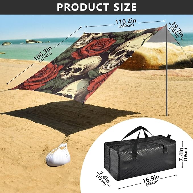 ALAZA Skull and Roses Vintage Retro Beach Tent Sun Shelter Portable Canopy Sunshade for Outdoor Camping Picnics Backyard Fun 10x9 ft