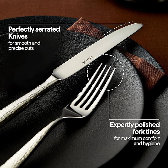 Luciella Ponza Flatware Set for 12 65-Piece Stainless Steel Silverware Set with Serving Utensils Timeless Hammered Design Rust-Resistant Mirror Polished &amp Dishwasher Safe Mothers Day Gifts
