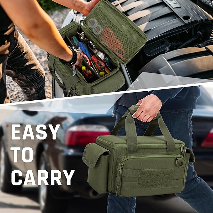 Rexmica Small Tool Bag with Anti-friction and Thick Padded Bottom Tool Storage Organizer for Men Tactical Range Bag Multi-functional Work Bag for Repairman Electrician Carpenters (Green)