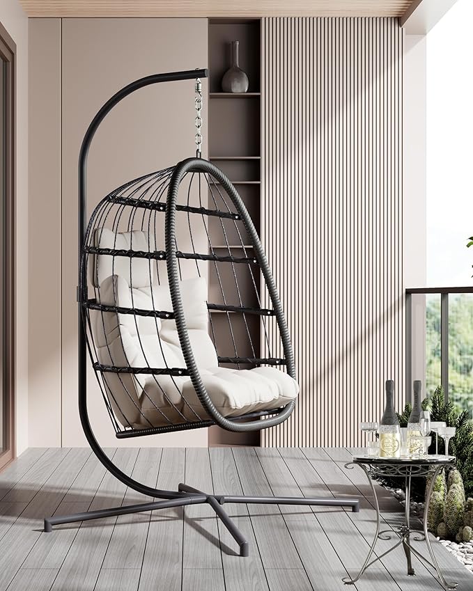 HWB Hanging Egg Chair with Stand Swing Hammock Chair with Cushion for Indoor Outdoor Patio Wicker Egg Swing Chair for Balcony Furniture White