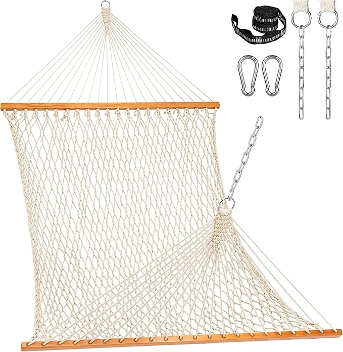 Lazy Daze Hammocks Double Rope Hammock 2 Person Traditional Outdoor Hand Woven Cotton Rope Hammock with Spreader Bar Carabiners Tree Straps Chains for Patio Yard - Max 450 Lbs Natural