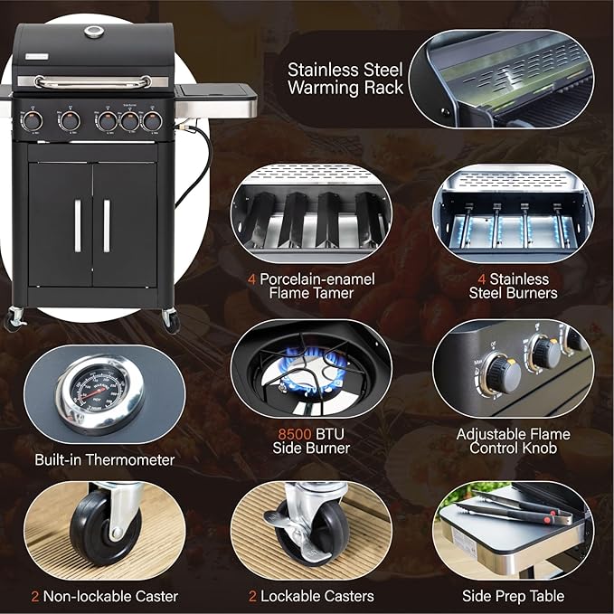 Sophia &amp William 4-Burner Gas BBQ Grill with Side Burner &amp Porcelain-Enameled Cast Iron Grates Outdoor Cooking Propane Grills Cabinet Style Garden Barbecue Grill 46700BTU Black