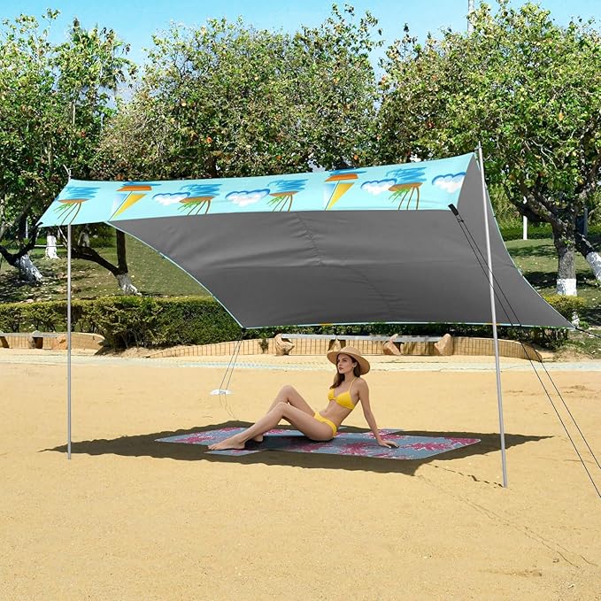 xigua Landscape Beach Tent Sun Shelter with Carrying Bag - Silver Coated Oxford Fabric Beach Canopy for Beach Camping Fishing - Includes Windproof Ropes Sandbags &amp Stakes