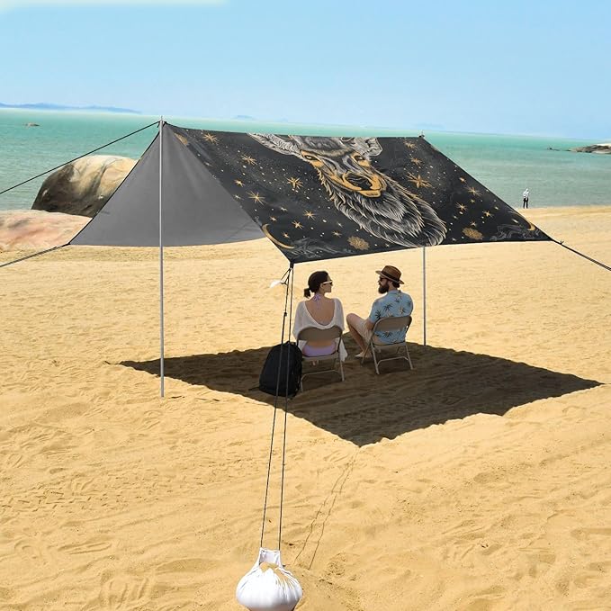 ALAZA Deer Mandala Sun and The Moon Stars Beach Tent Sun Shelter Portable Canopy Sunshade for Outdoor Camping Picnics Backyard Fun 10x9 ft