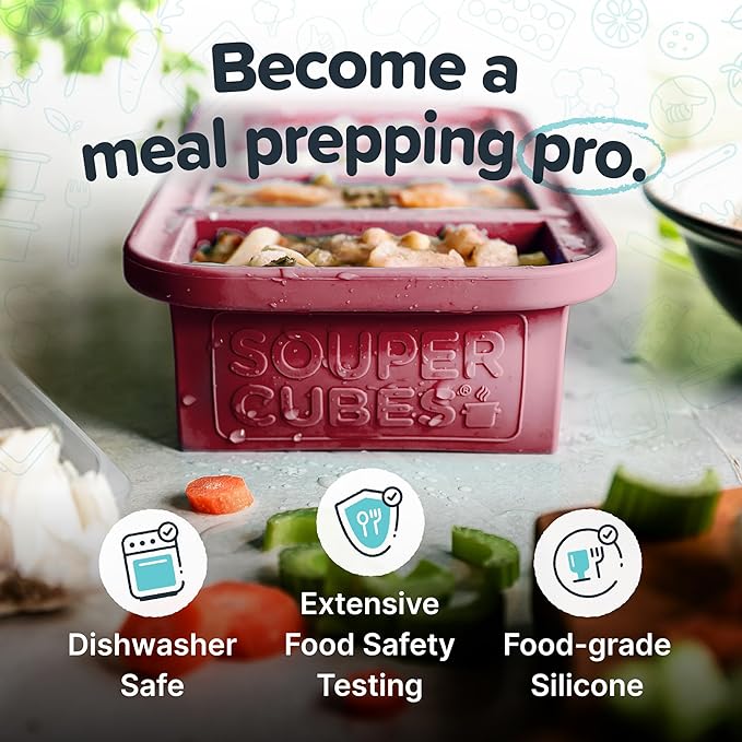 Souper Cubes 1 Cup Silicone Freezer Tray with Lids Perfect for Storing Broth Leftovers Rice Sauce and More Silicone Soup Freezer Molds for Meal Prepping - Cranberry - 2-Pack