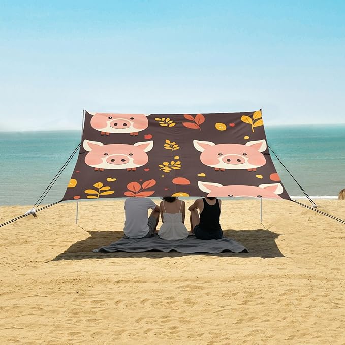 Little Pig Faces Foldable Beach Cabana UPF50 Easy Setup Large Sun Shelter with Sand Shovel for Camping Picnics Backyard