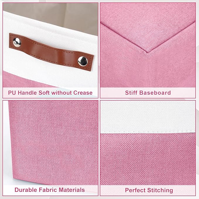 Large Fabric Storage Baskets | 50L Storage Bins Decorative Linen Closet Baskets with Handles for Organizing Shelf Toys Clothes Home Office Nursery 17x12x15Inches (Pink&ampWhite)