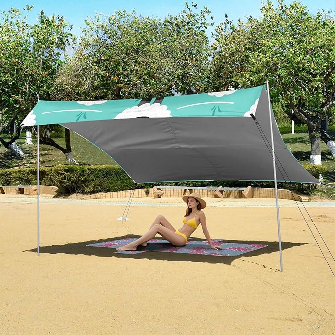 Beach Canopy with Windproof Ropes &amp Sandbags Beach Tent Sun Shade Sun Shelter for Camping Trips Fishing Backyard Fun or Picnics Sheep