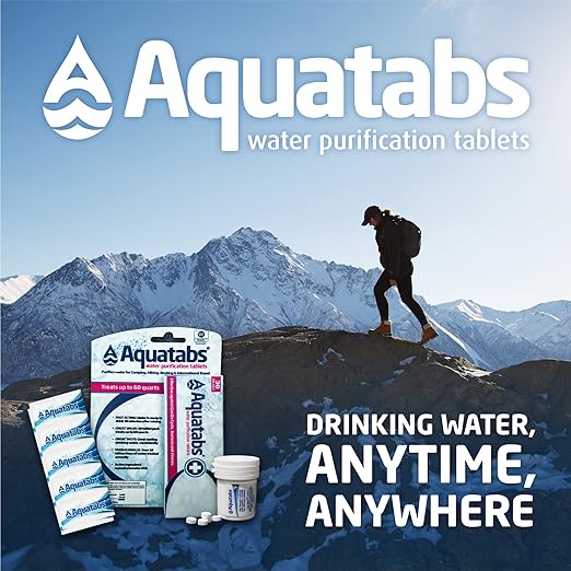 Aquatabs Water Purification Tablets (397mg 100 Pack). Water Filtration System for Camping Boating Emergency Water Survival Kit and Marine. Easy-to-Use Water Purifier Treatment.