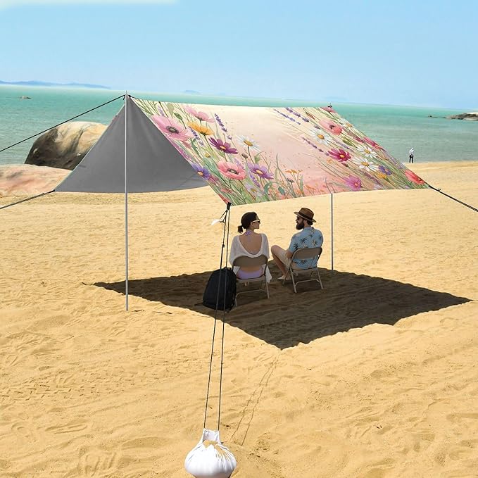 Wildflowers Beach Canopy Sun Shelter with Sandbags &amp Sand Shovel &amp Windproof Ropes - Portable 110x126 Beach Shade Beach Tent for Camping Picnics